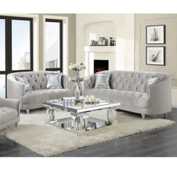 2-Piece Upholstered Sloped Arm Sofa Set Grey Velvet.