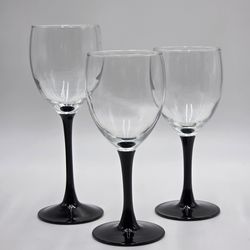 Vintage Set Of 3 Luminarc France Black Stem Wine Glasses / All Purpose Drinkware