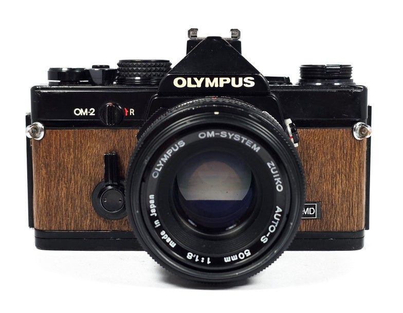 RARE Wood Style Black Olympus OM-2 35mm SLR Film Camera w/ Olympus 50mm Lens