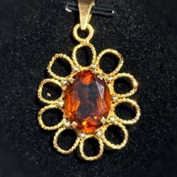 Vintage Jewelry Art Deco 18k solid yellow gold orange spinel oval flower Pendant charm