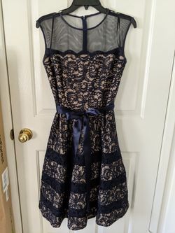 Betsy & Adam Mesh Top Lace Midi-Dress Navy Blue w/ Ribbon