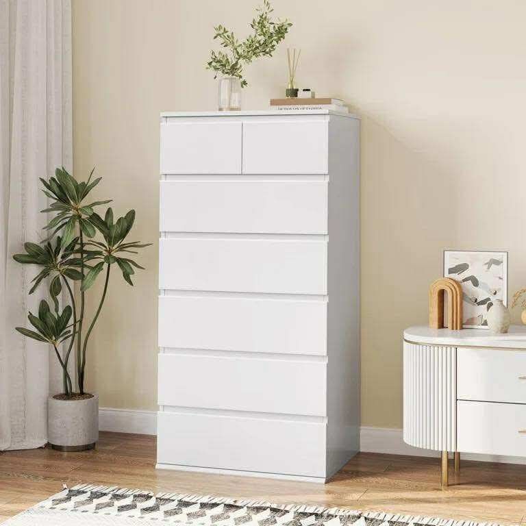 Seven Drawer White Dresser, Modern Nightstand Storage Cabinet Chest of Drawers