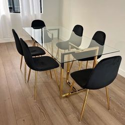 Gold Glass Dining Table Set For 6 People With Velvet Chairs 