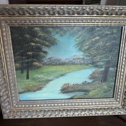 Framed oil painting landscape creek and trees 