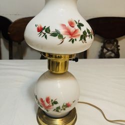 Vintage Hurricane Lamp with Hand Painted Floral Rose Red & White Flowers