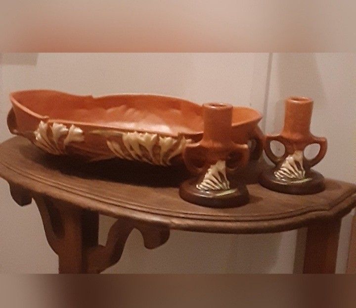 Vintage ROSEVILLE POTTERY FREESIA CONSOLE BOWL & CANDLE HOLDERS ~ SIENNA c1945