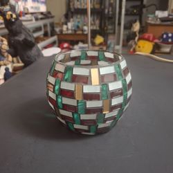 Beautiful Spherical Mosaic Glass Tealight/Votive Candle Holder With Sturdy Glass Tiles In Red, Green, White & Gold 4"H x 4.5"W