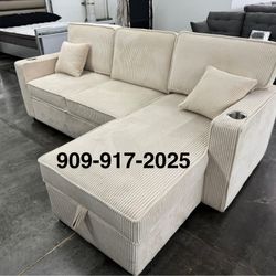 IVORY CORDUROY CONVERTIBLE SECTIONAL WITH PULLOUT