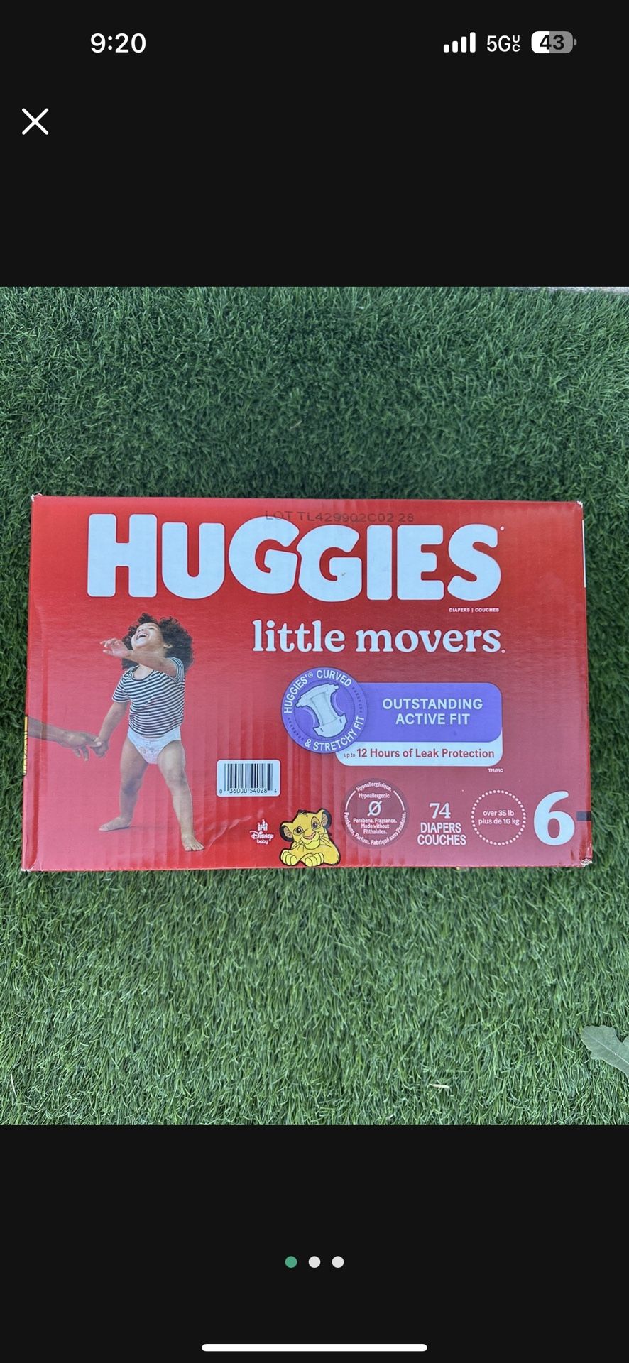 huggies size 6 diapers 74 count.