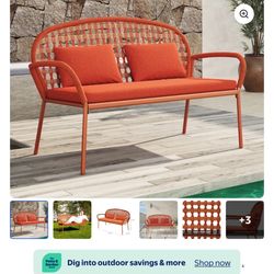 Grand Patio Retro Style Red Cotton Rope Woven Backrest Bench with Pillows, Full Iron Frame for Indoor & Outdoor Parks