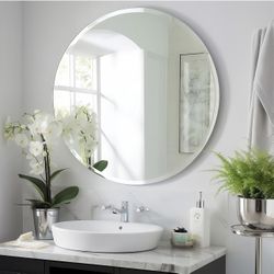 Frameless Round Bathroom Mirror for Over Sink 24" x 24" Circle Mirror Beveled Edge Wall Mirror