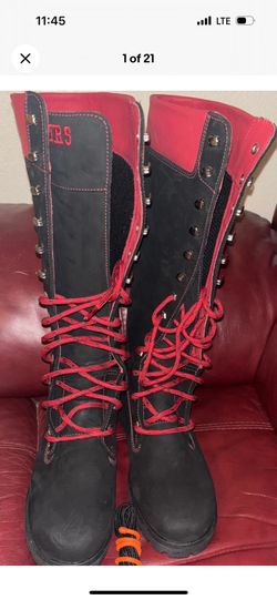 Knee High Red Black Lace Up Boots Timberland Red Black Leather Size 9.5M Women