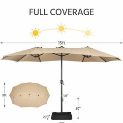 15 ft Triple-size Patio Umbrella w/Base Included - w/Easy Crank ,Tan Q-15