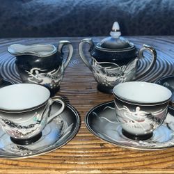 Vintage Hand Painted Japanese Moriage Lithophane Dragonware Gold Trim Tea Set 11 piece Lot