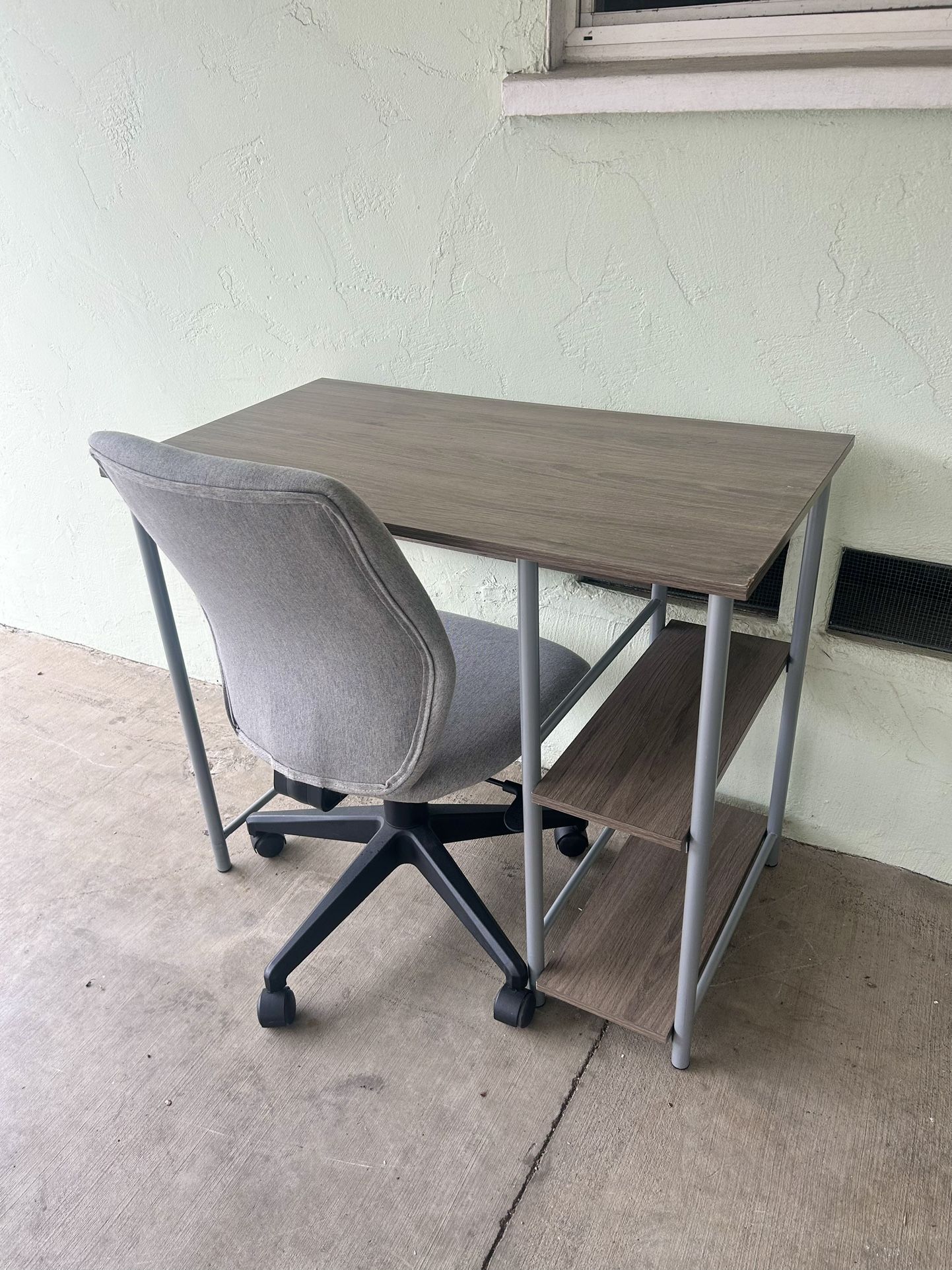 Desk with Storage Shelves + Gray Rolling Chair Included