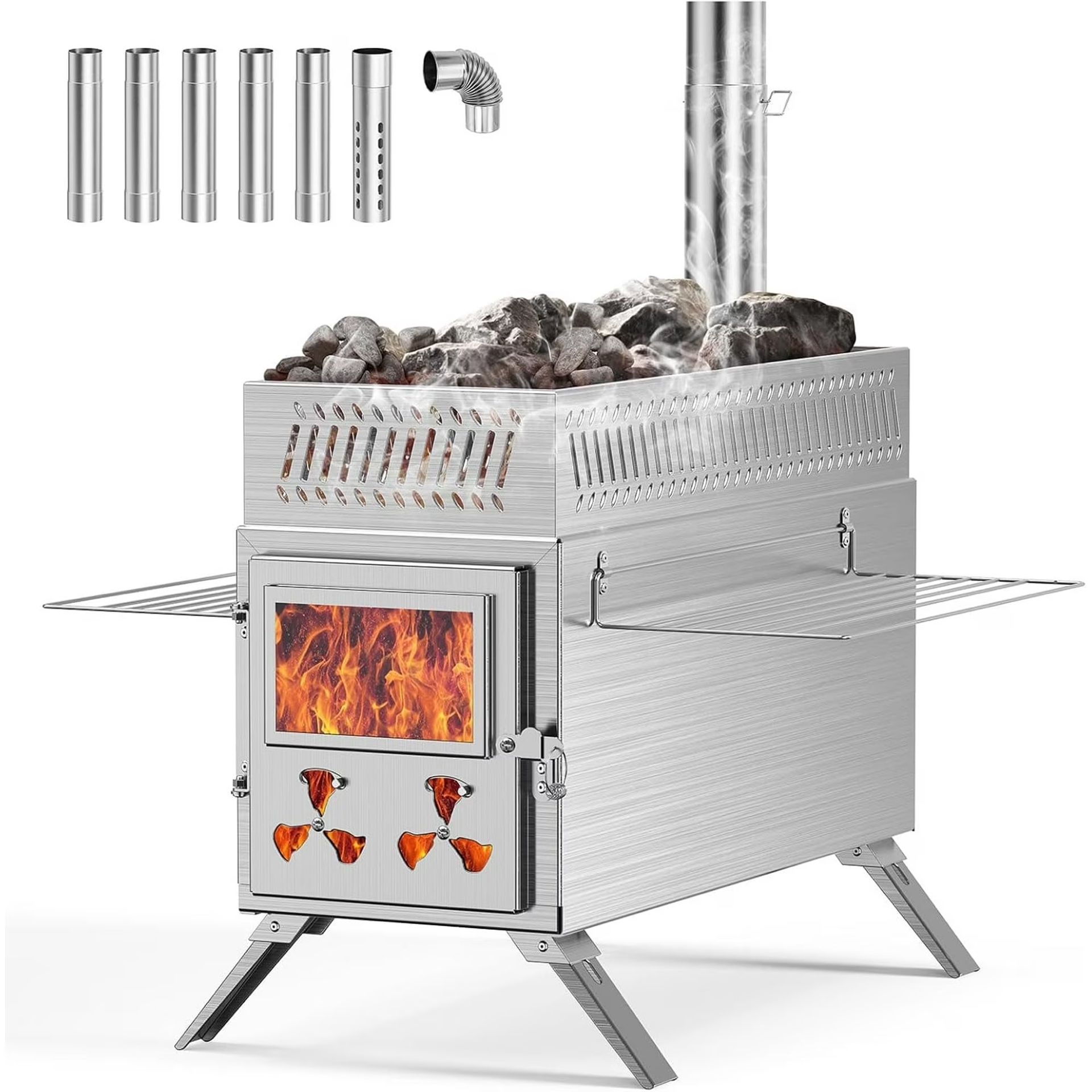 Wood Burning Sauna Hot Tent Stove, 2 in 1 Tent Wood Burning Stove with Chimney Pipe for Outdoor Camping Heating