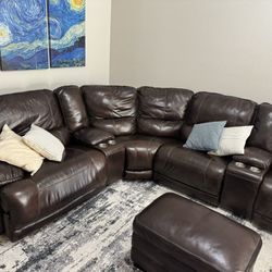 Large Brown Leather Reclining Sectional Sofa w/ Ottoman – Great Condition!