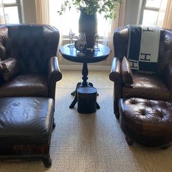 2 Paul Robert Tufted Wingback Leather Chairs and 2 Ottoman Plus Pillows