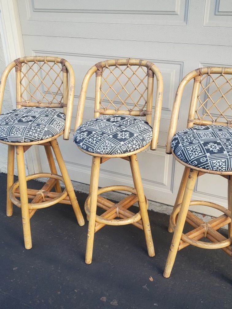 Vintage MCM Mid Century Modern Rattan Bent Wood Tiki Bar Stools Set 3