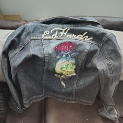 Ed Hardy Dark Blue/Black Women's Jeans Jacket. Ed Hardy Logo On Back With Glitter Skull And Rose Through Center Of Back. Size L