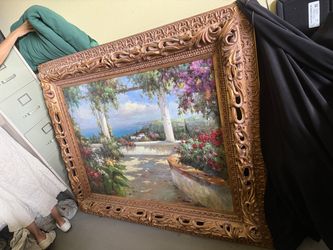 Large Mediterranean Garden & Sea View Wall Art – Ornate Frame