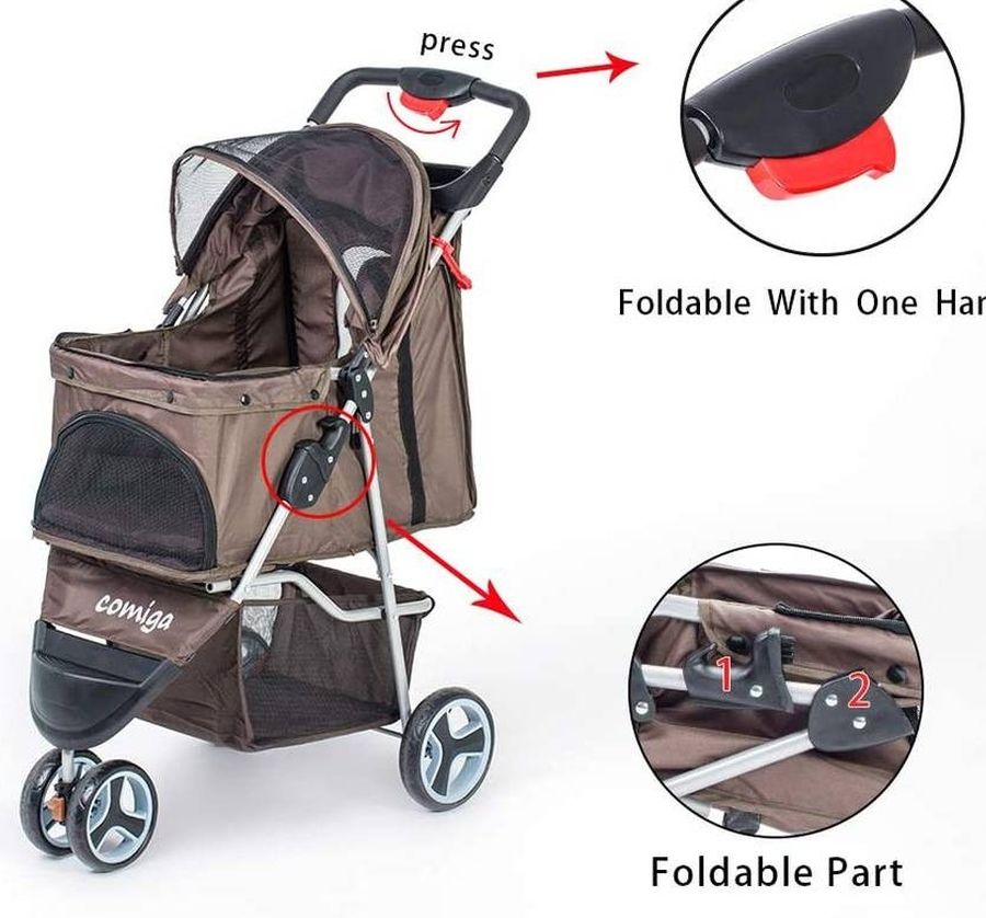 COMIGA PET STROLLER, 3-WHEEL CAT STROLLER, FOLDABLE DOG STROLLER WITH REMOVABLE LINER AND STORAGE BASKET 655160