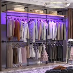 Industrial Pipe Clothing Rack, Reversible 118.3'' Clothes Rack for Hanging Clothes, Heavy Duty Garment Rack Closet Wardrobe Rack with LED Lights& Shel