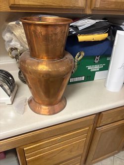Large Copper Urn Vase with Brass Handles