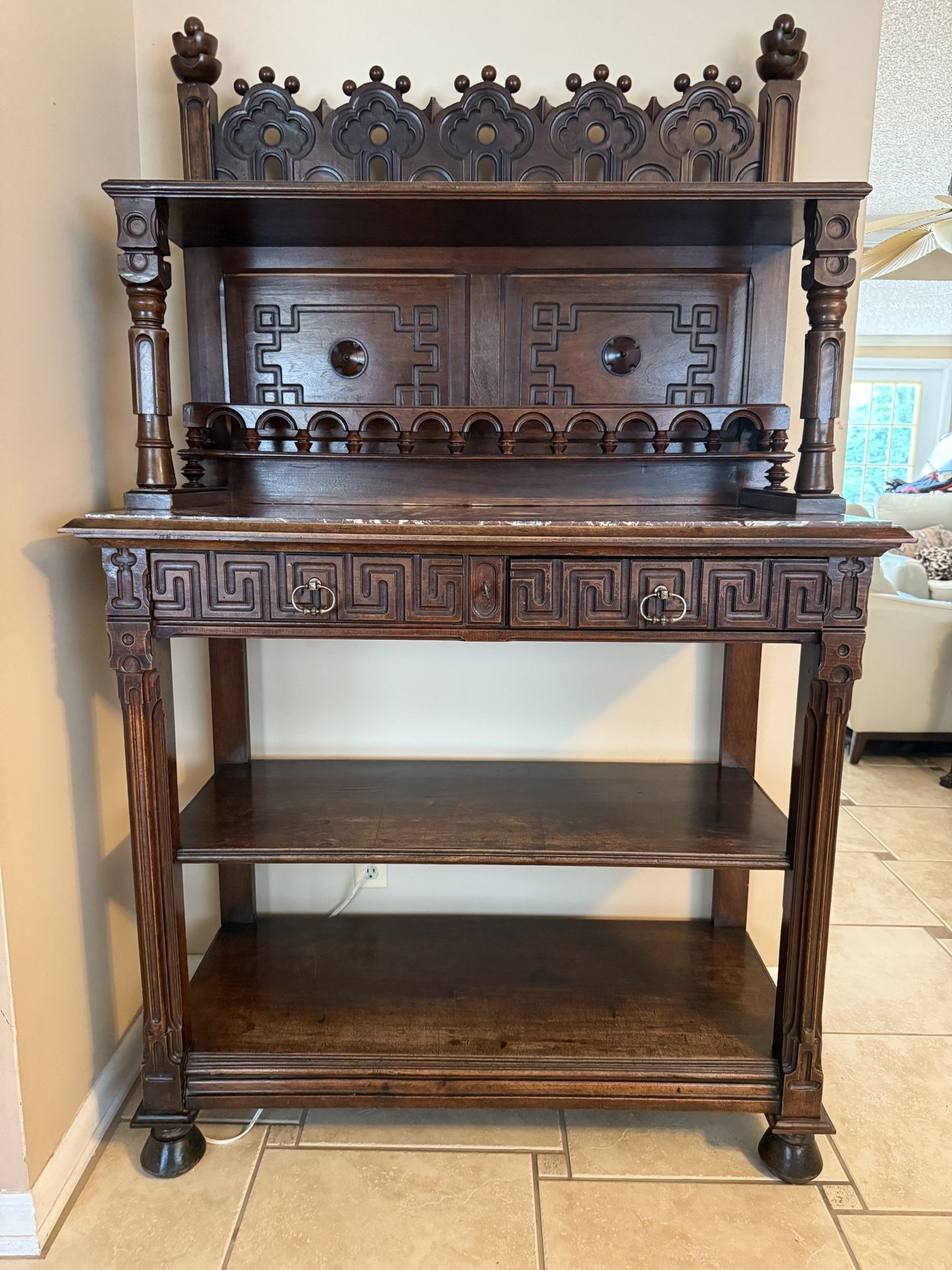 Antique Wood and Granite Shelving Unit