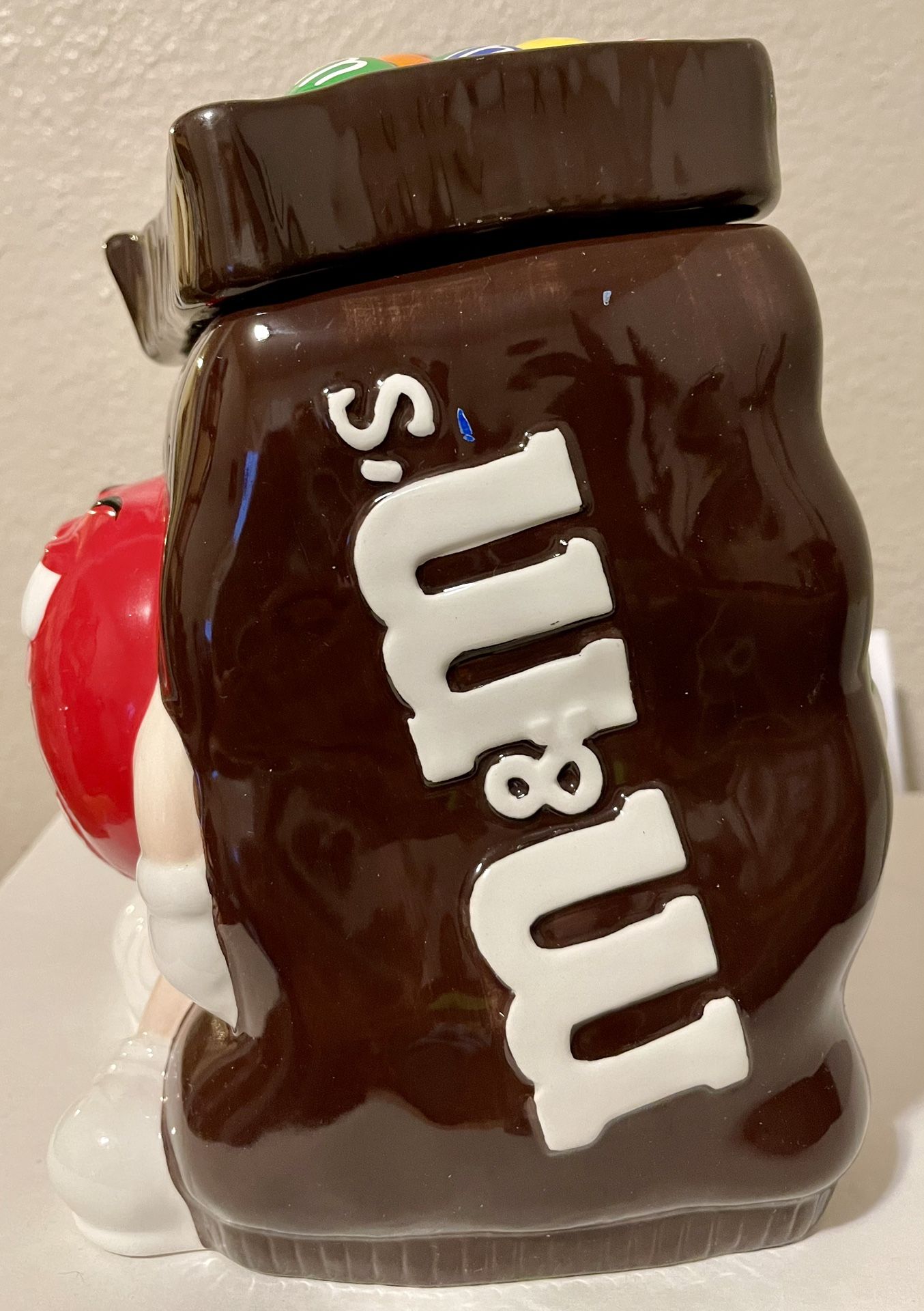 Vintage Ceramic M&M's Brown Cookie Jar Featuring Red, Yellow
