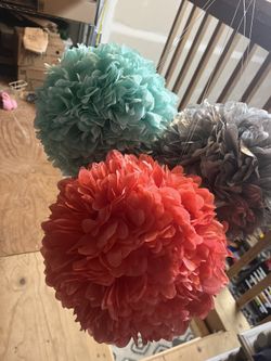 3 Flowery Pom Poms For Hanging.