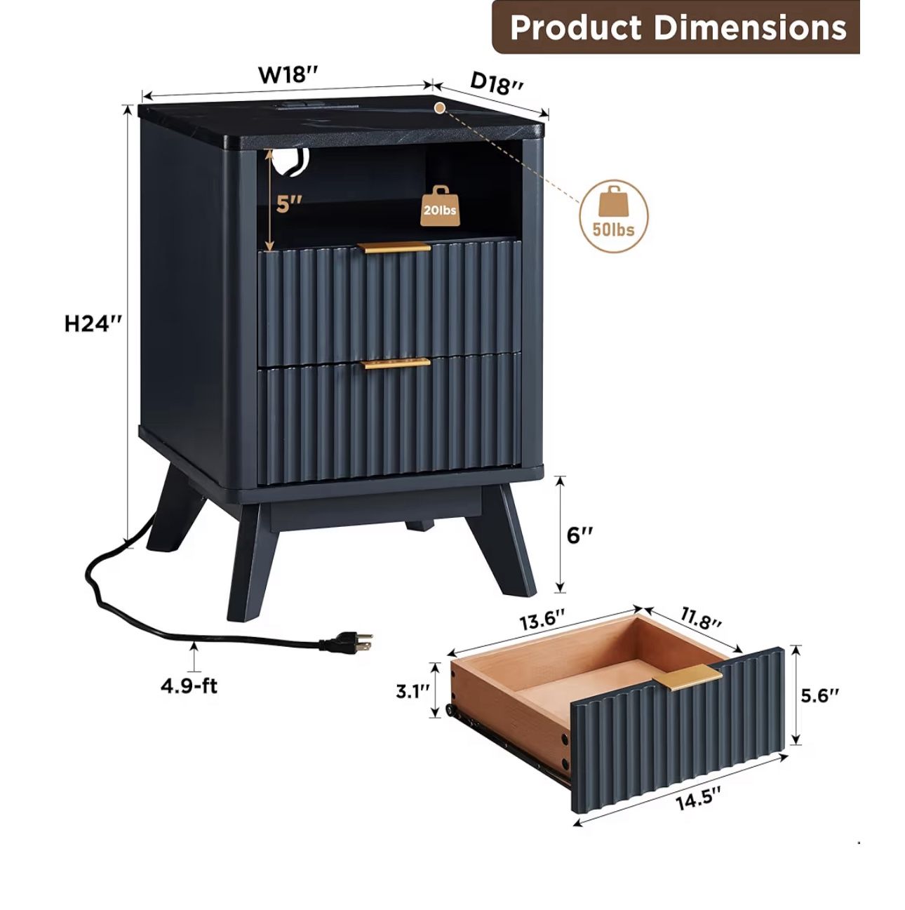 Nightstand with Charging Station NEW