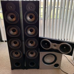 2 Polk Audio Monitor 75T Speakers/ 10 Inch Polk Sub/ DCM Center Channel Speaker