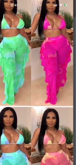 Two-Piece Tie-Dye Bikini Top and Ruffle Pants Set