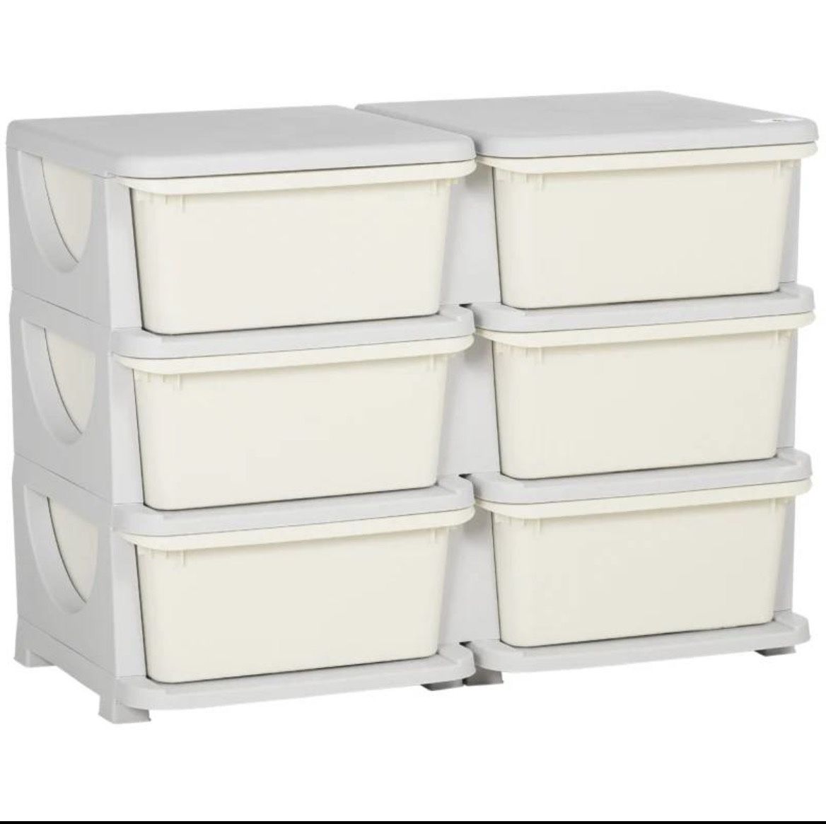 Qaba 3 Tier Kids Storage Unit, 6 Drawer Chest Toy Organizer Plastic Bins, Cream White, 311-053V00CW