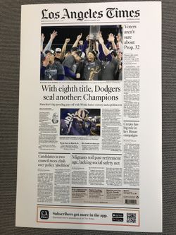 Los Angeles Times Front Page Poster. Dodgers Win World Series
