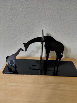 Vintage Black Metal Giraffe Mom with Baby Bookends 7"  X 7"