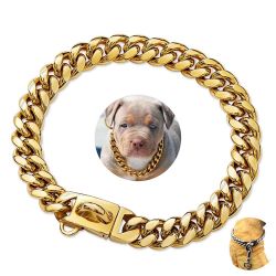 14mm 18inch Gold Dog Chain Collar Walking Metal Chain Collar with Design Secure Buckle,18K Cuban Link Strong Heavy Duty Chew Proof for Medium Dogs
