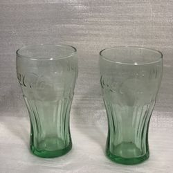 Vintage Coca Cola Coke Green Glass Tumblers 16 oz Lot of 2, 6” Tall