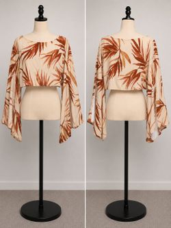 FORE Tropical Leaf Print Cropped Blouse Bell Sleeves Size M NWT