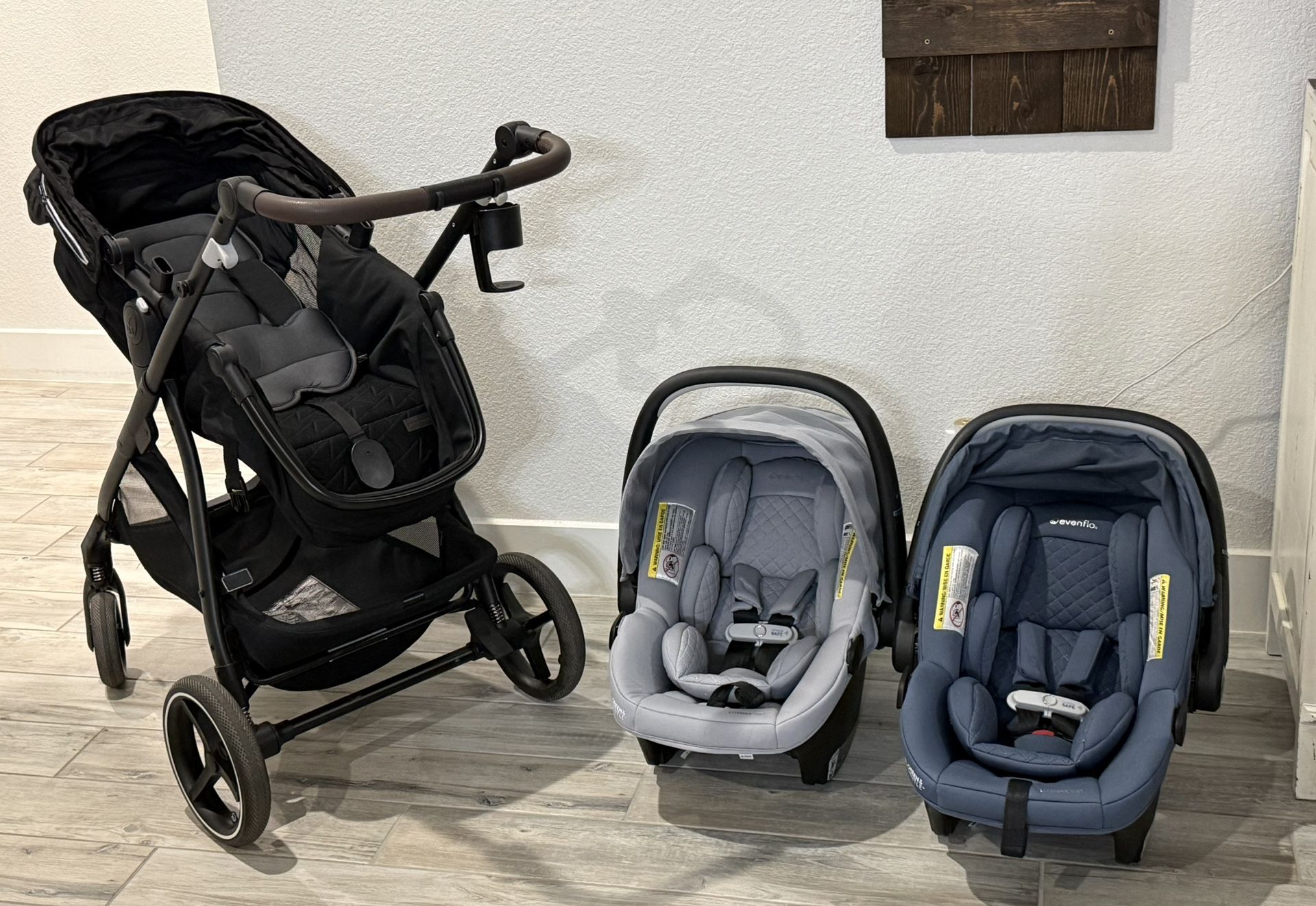 2 Evenflo Revolve180 LiteMax NXT Infant Car Seats + Base & Evenflo Shyft Intuiti Stroller