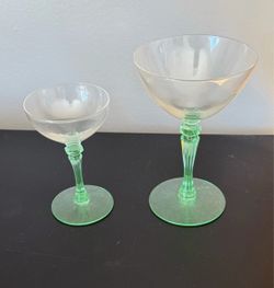 Vintage pair Tigfi. Depression Crystal Glasses w/Green Stem 1930’s