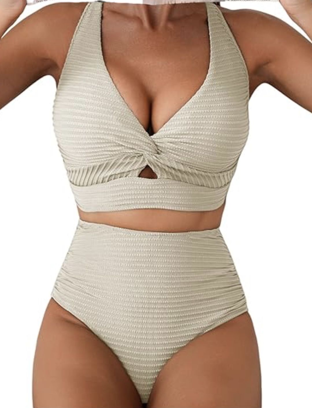 Beige High Waisted Ribbed V-Neck Bikini Women’s Large NWOT
