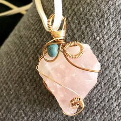 Rose Quartz And Turquoise Wire Wrap Pendant Necklace 