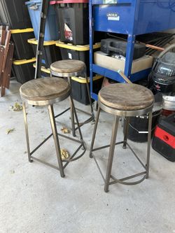 Arteriors Lisa Kuby Yam Collection Set of 3 Industrial Metal/Wood Barstools