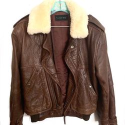 Genuine brown leather jacket with Sherpa collar