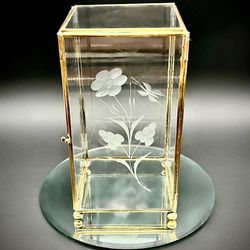 Vintage 1970’s Etched Glass And Brass Footed Tabletop Display Case Or Curio Box
