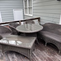 Outdoor Wicker Patio Set – Loveseat, Coffee Table, Dining Table + 3 Chairs – $180