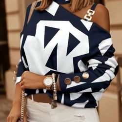 Women's Halter, Off-the-shoulder Chain Strap Navy Blue And White Top Brand New Without Tags Size 2XL