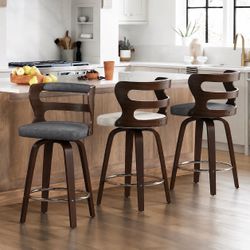 26” Swivel Counter Bar Stools Set of 3 – Walnut Frame / Faux Leather Seat